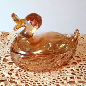 Vintage Jeanette Glass Duck On Nest Trinket Box Candy Covered Dish